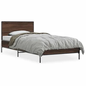 Bedframe bewerkt hout en metaal bruin eikenkleurig 75×190 cm Bedframe bewerkt hout en metaal bruin eikenkleurig 75×190 cm