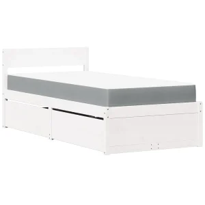 Bed met lades en matras massief grenenhout wit 90×200 cm
