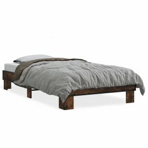 Bedframe bewerkt hout en metaal gerookt eikenkleurig 75×190 cm Bedframe bewerkt hout en metaal gerookt eikenkleurig 75×190 cm