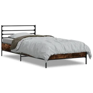 Bedframe bewerkt hout en metaal gerookt eikenkleurig 100×200 cm Bedframe bewerkt hout en metaal gerookt eikenkleurig 100×200 cm