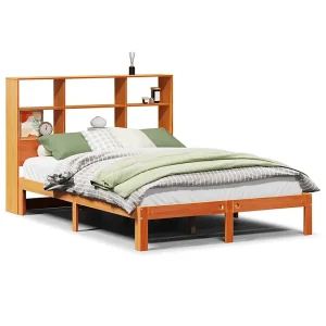 Bed met boekenkast zonder matras grenenhout wasbruin 135×190 cm