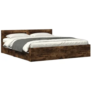 Bedframe met hoofdeinde bewerkt hout gerookt eiken 200×200 cm Bedframe met hoofdeinde bewerkt hout gerookt eiken 200×200 cm