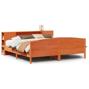 Bed met boekenkast zonder matras grenenhout wasbruin 200×200 cm Bed met boekenkast zonder matras grenenhout wasbruin 200×200 cm