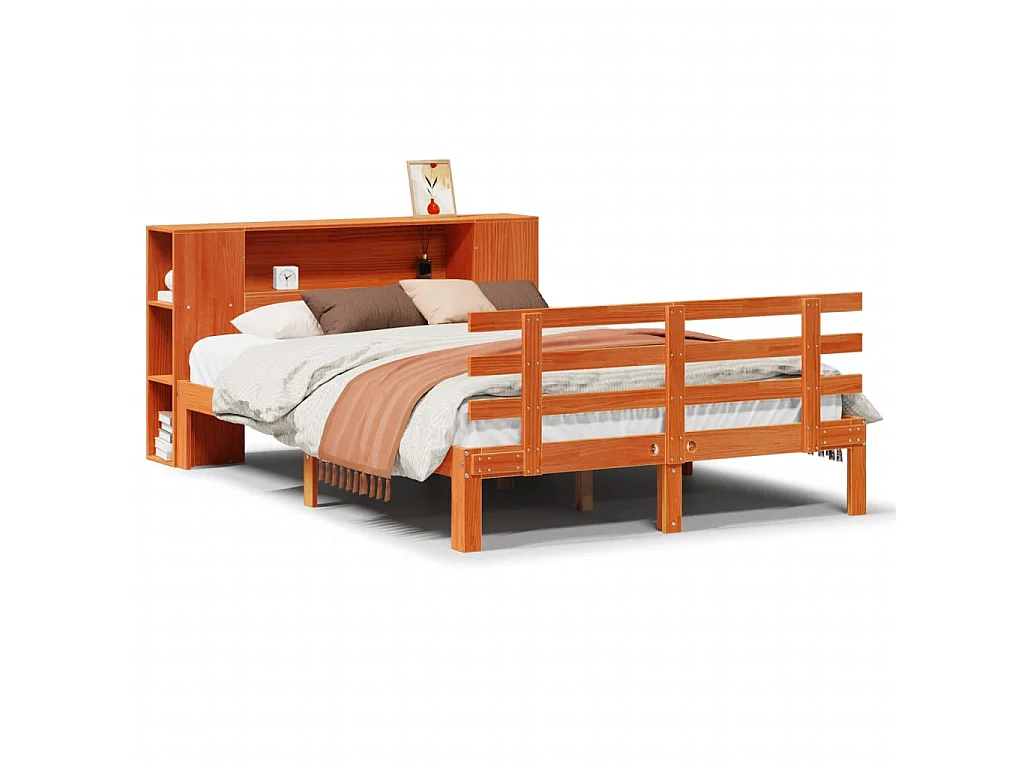 Bed met boekenkast zonder matras grenenhout wasbruin 140x190 cm