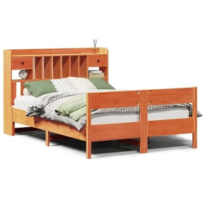 Bed met boekenkast zonder matras grenenhout wasbruin 135×190 cm