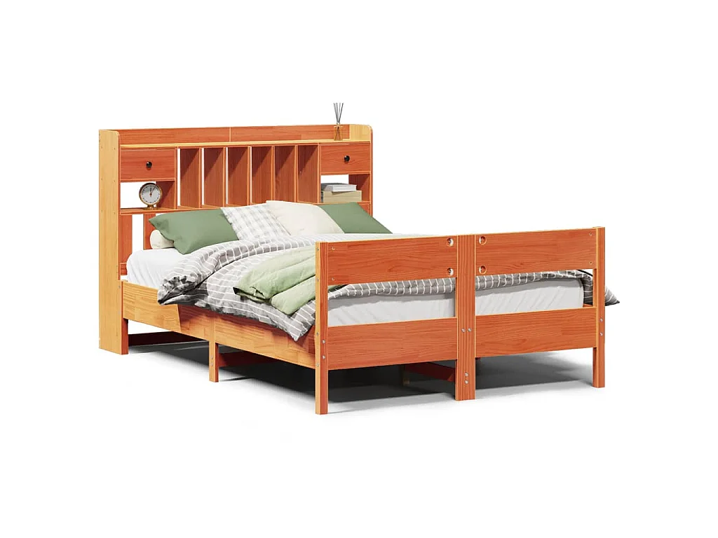 Bed met boekenkast zonder matras grenenhout wasbruin 135x190 cm