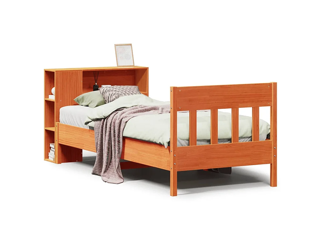 Bed met boekenkast zonder matras grenenhout wasbruin 100x200 cm
