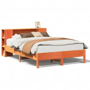 Bed met boekenkast zonder matras grenenhout wasbruin 150×200 cm