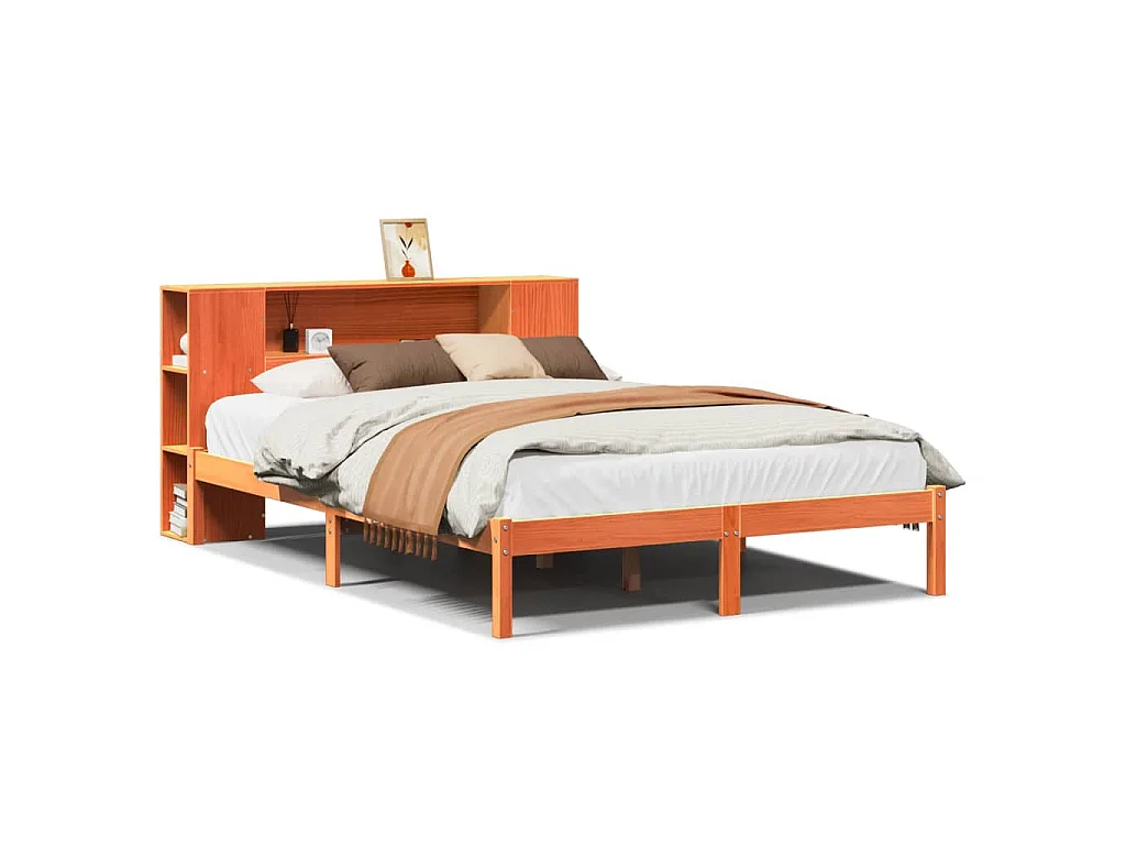 Bed met boekenkast zonder matras grenenhout wasbruin 150x200 cm