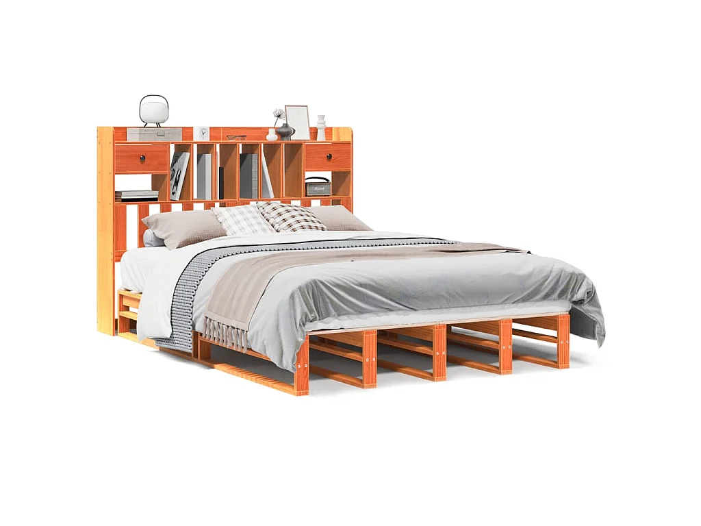 Bed met boekenkast zonder matras grenenhout wasbruin 160x200 cm