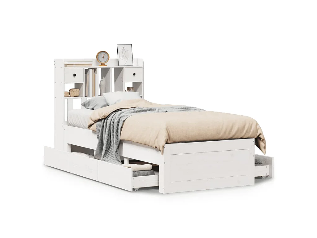 Bed met boekenkast zonder matras grenenhout wit 90x190 cm