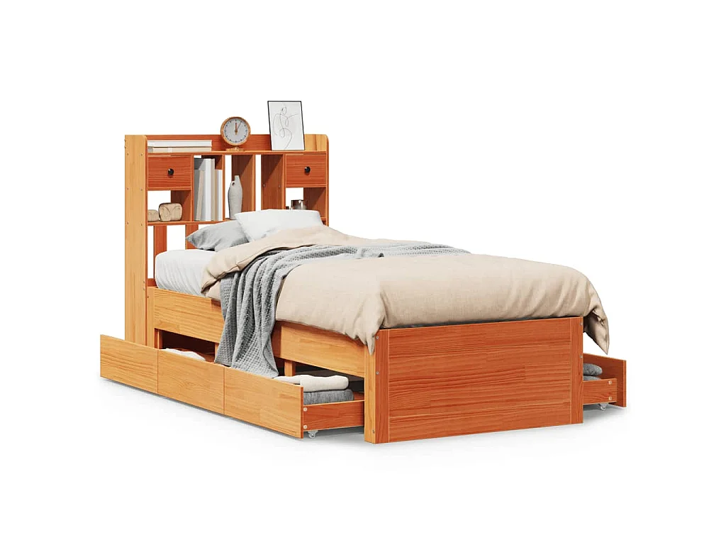 Bed met boekenkast zonder matras grenenhout wasbruin 100x200 cm