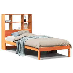 Bed met boekenkast zonder matras grenenhout wasbruin 75×190 cm