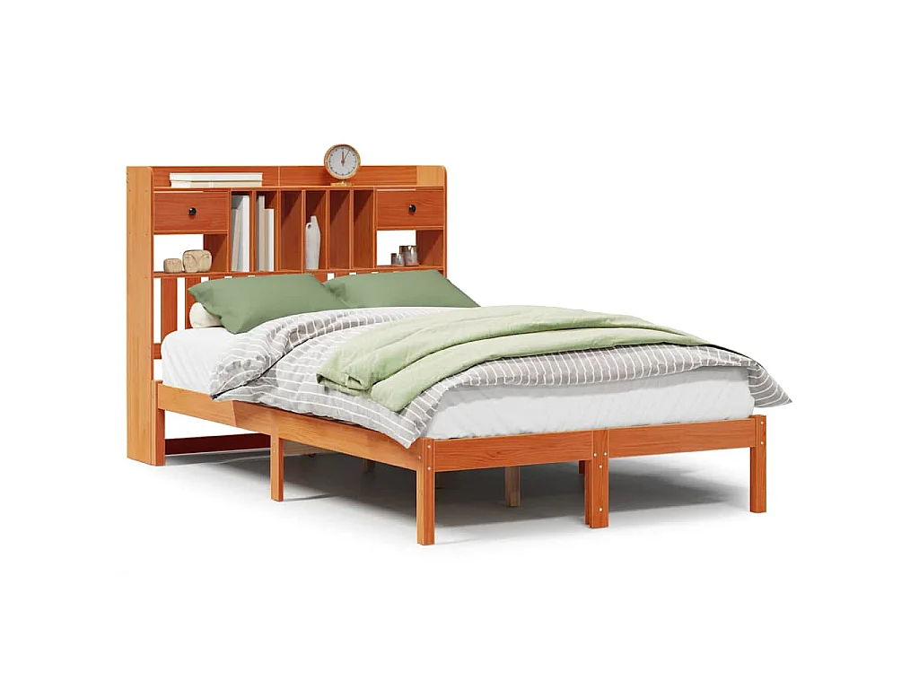 Bed met boekenkast zonder matras grenenhout wasbruin 135x190 cm