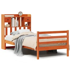Bed met boekenkast zonder matras grenenhout wasbruin 75×190 cm