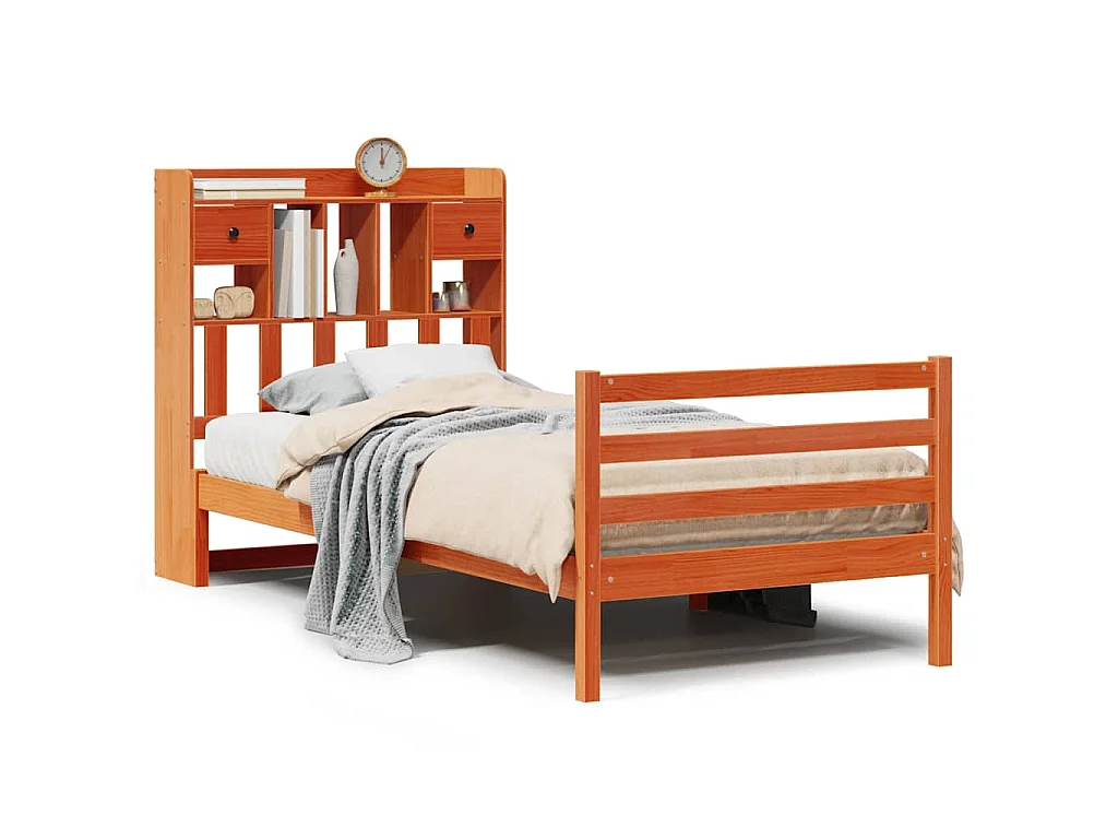 Bed met boekenkast zonder matras grenenhout wasbruin 75x190 cm