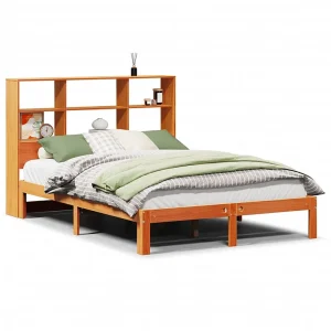 Bed met boekenkast zonder matras grenenhout wasbruin 140×200 cm