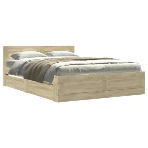 Bedframe met hoofdeinde bewerkt hout sonoma eiken 135×190 cm Bedframe met hoofdeinde bewerkt hout sonoma eiken 135×190 cm