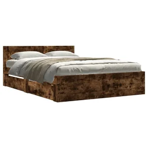 Bedframe met hoofdeinde bewerkt hout gerookt eiken 120×200 cm