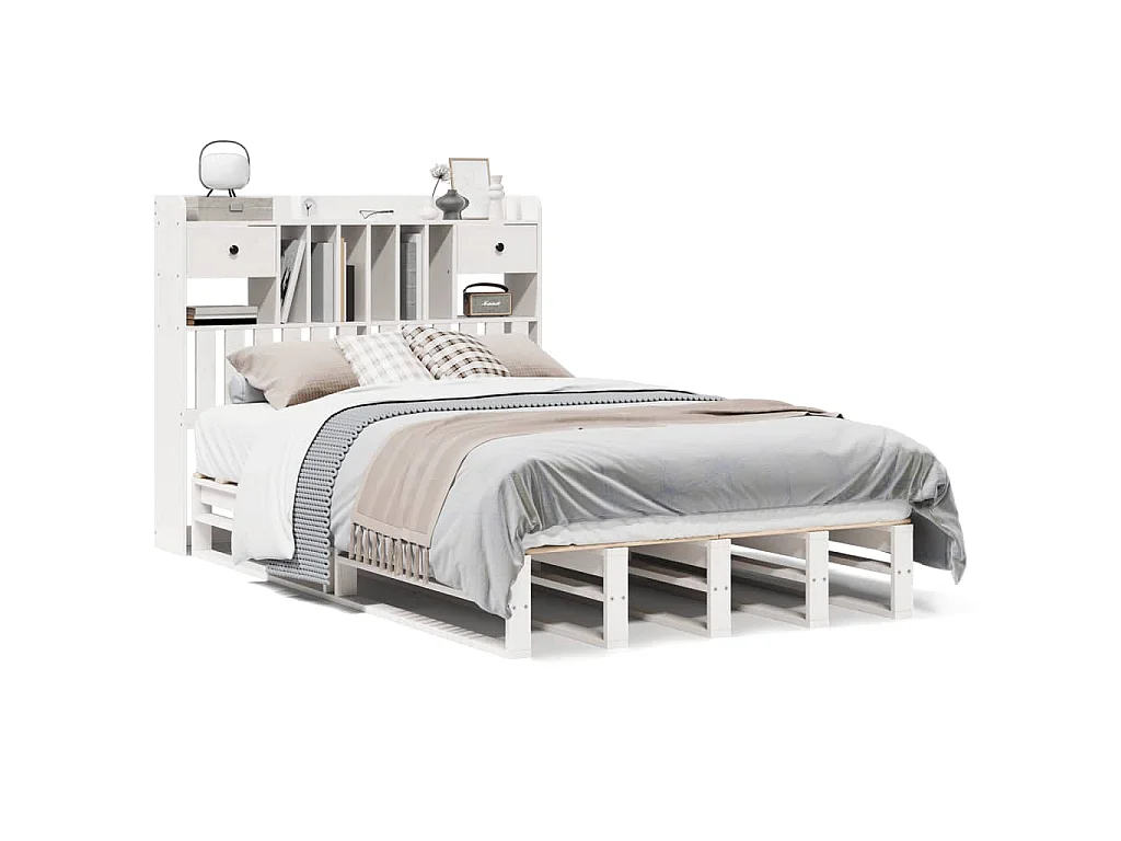 Bed met boekenkast zonder matras grenenhout wit 135x190 cm