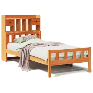 Bed met boekenkast zonder matras grenenhout wasbruin 75×190 cm