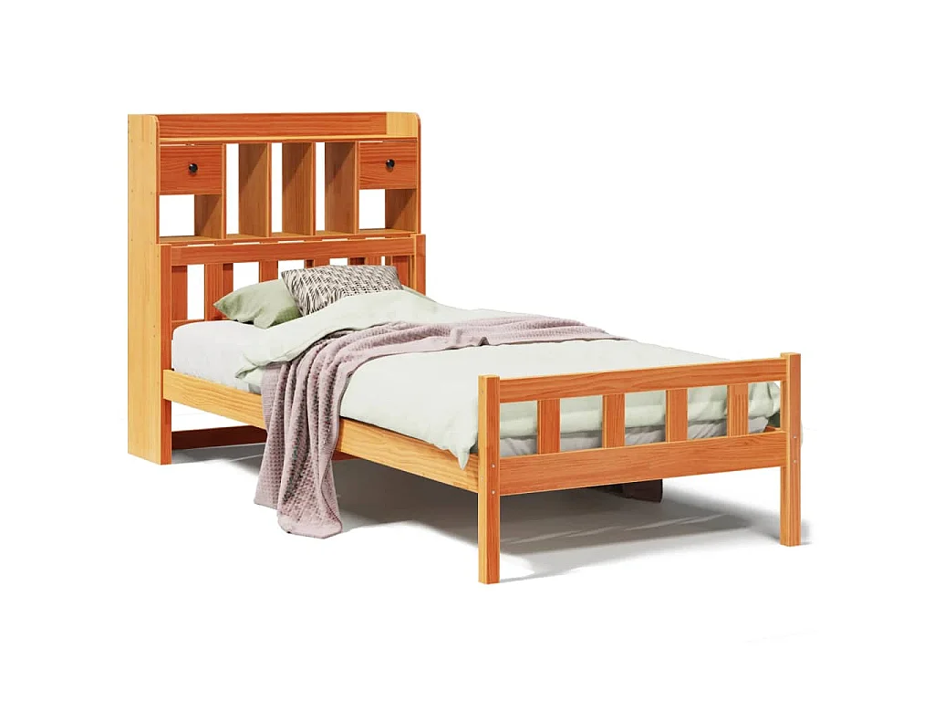 Bed met boekenkast zonder matras grenenhout wasbruin 75x190 cm