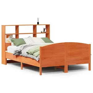 Bed met boekenkast zonder matras grenenhout wasbruin 140×200 cm