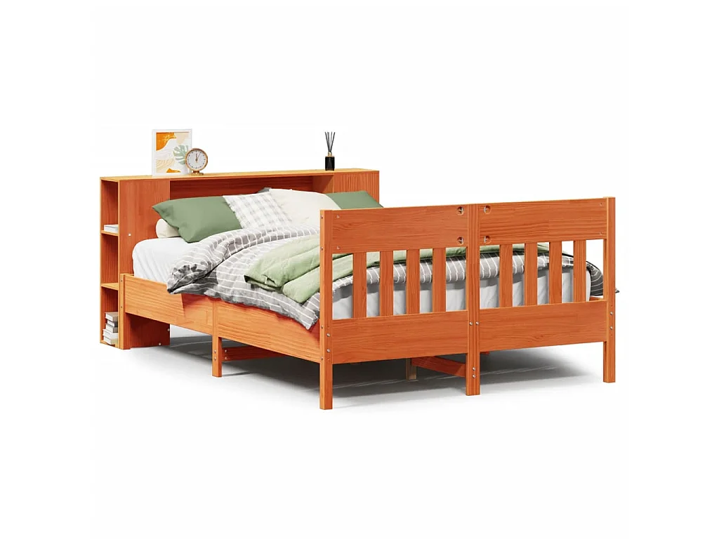 Bed met boekenkast zonder matras grenenhout wasbruin 140x190 cm