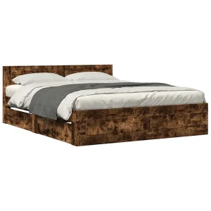 Bedframe met hoofdeinde bewerkt hout gerookt eiken 160×200 cm Bedframe met hoofdeinde bewerkt hout gerookt eiken 160×200 cm