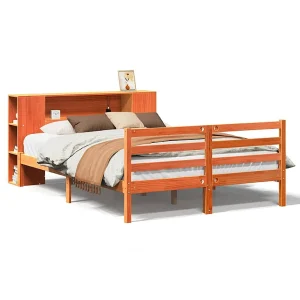 Bed met boekenkast zonder matras grenenhout wasbruin 150×200 cm