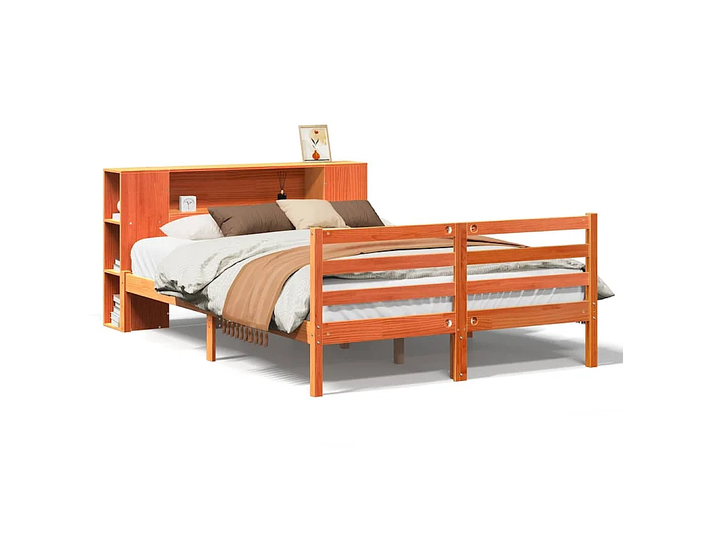 Bed met boekenkast zonder matras grenenhout wasbruin 150x200 cm