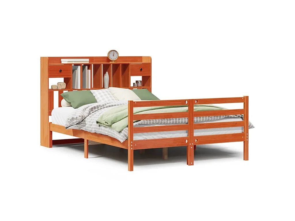 Bed met boekenkast zonder matras grenenhout wasbruin 150x200 cm