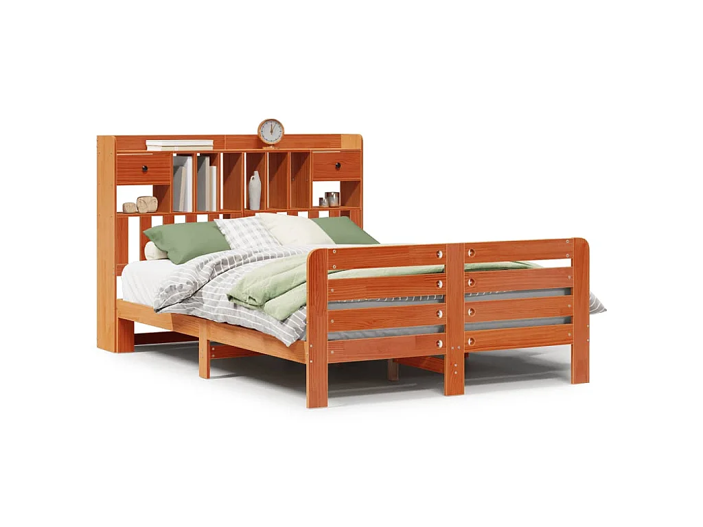 Bed met boekenkast zonder matras grenenhout wasbruin 150x200 cm