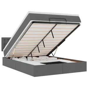 Bed poef met matras en LED's stof 140×190 cm donkergrijs Bed poef met matras en LED's stof 140×190 cm donkergrijs