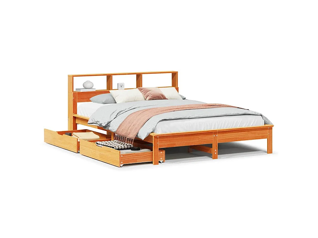 Bed met boekenkast zonder matras grenenhout wasbruin 120x190 cm