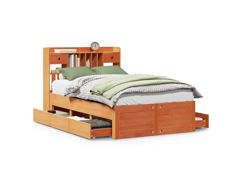 Bed met boekenkast zonder matras grenenhout wasbruin 135x190 cm