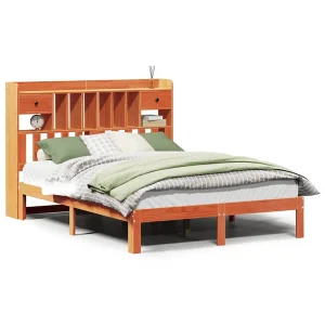 Bed met boekenkast zonder matras grenenhout wasbruin 140×200 cm