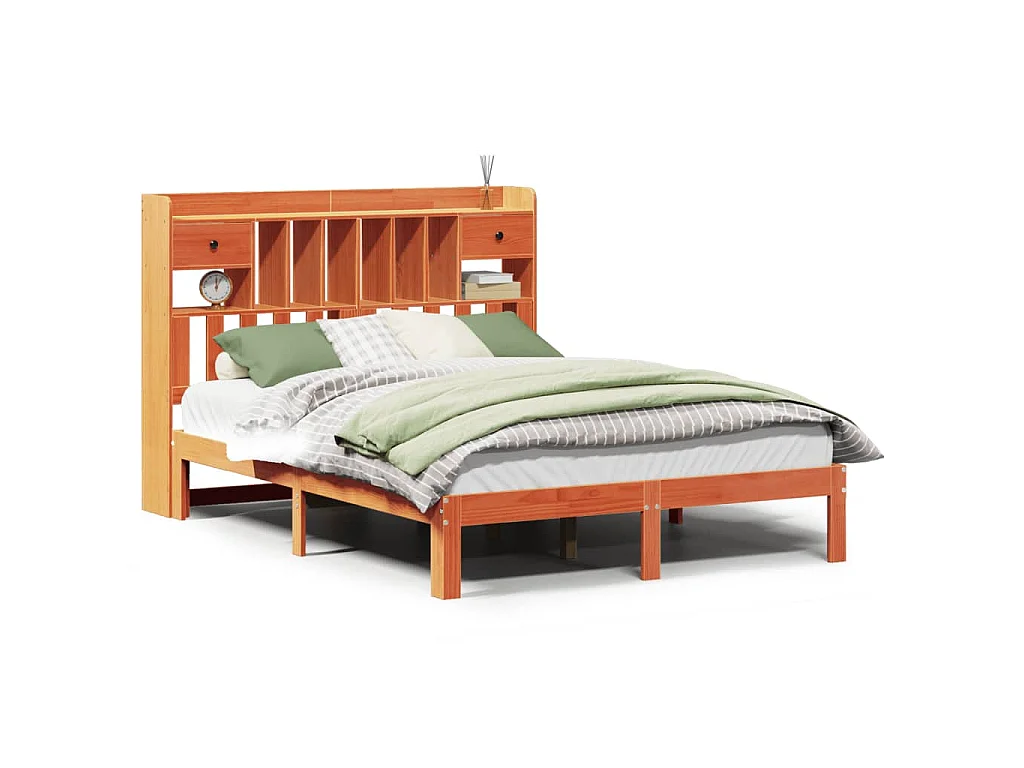 Bed met boekenkast zonder matras grenenhout wasbruin 140x200 cm