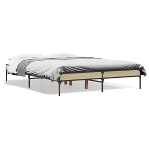 Bedframe bewerkt hout metaal sonoma eikenkleurig 135×190 cm Bedframe bewerkt hout metaal sonoma eikenkleurig 135×190 cm