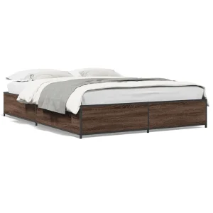 Bedframe bewerkt hout metaal bruin eikenkleur 140×190 cm Bedframe bewerkt hout metaal bruin eikenkleur 140×190 cm