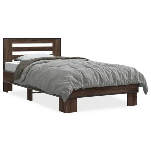 Bedframe bewerkt hout en metaal bruin eikenkleurig 90×190 cm Bedframe bewerkt hout en metaal bruin eikenkleurig 90×190 cm
