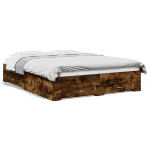 Bedframe met lades bewerkt hout gerookt eikenkleurig 140×200 cm Bedframe met lades bewerkt hout gerookt eikenkleurig 140×200 cm
