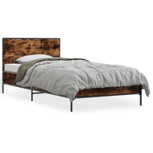 Bedframe bewerkt hout en metaal gerookt eikenkleurig 100×200 cm Bedframe bewerkt hout en metaal gerookt eikenkleurig 100×200 cm