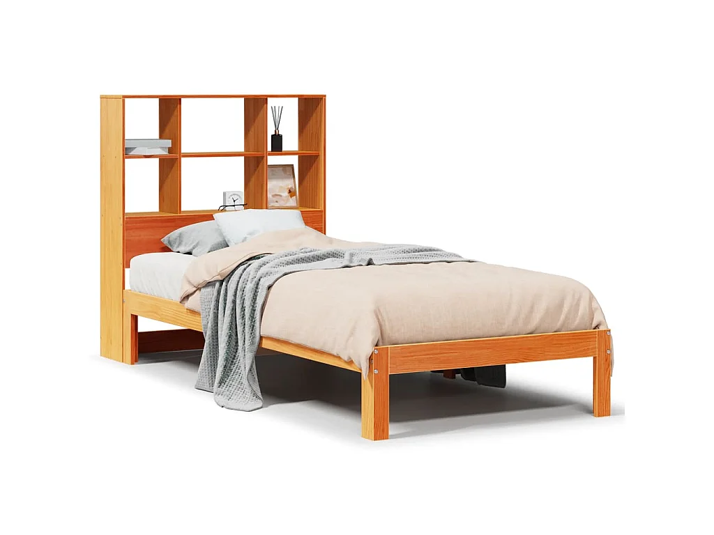 Bed met boekenkast zonder matras grenenhout wasbruin 75x190 cm