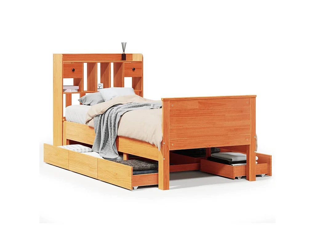 Bed met boekenkast zonder matras grenenhout wasbruin 75x190 cm