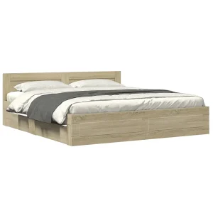 Bedframe met hoofdeinde bewerkt hout sonoma eiken 200×200 cm Bedframe met hoofdeinde bewerkt hout sonoma eiken 200×200 cm
