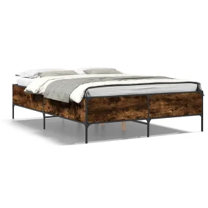 Bedframe bewerkt hout metaal gerookt eikenkleurig 140×190 cm Bedframe bewerkt hout metaal gerookt eikenkleurig 140×190 cm