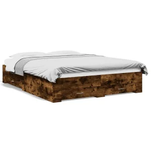 Bedframe met lades bewerkt hout gerookt eikenkleurig 160×200 cm Bedframe met lades bewerkt hout gerookt eikenkleurig 160×200 cm