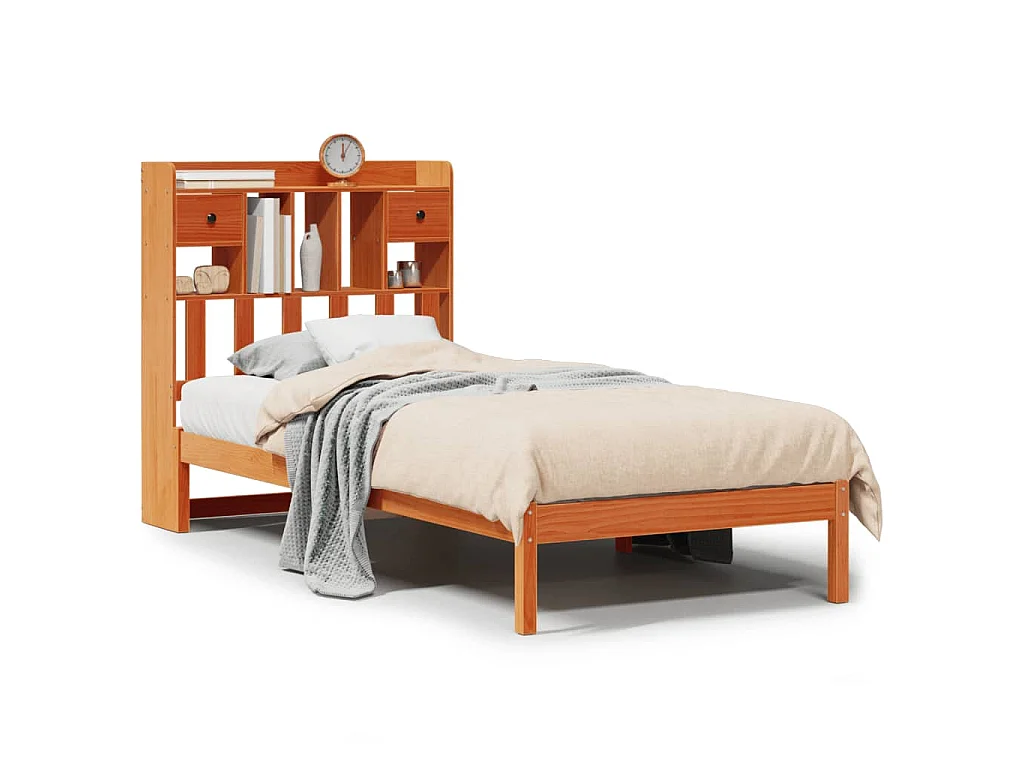 Bed met boekenkast zonder matras grenenhout wasbruin 100x200 cm