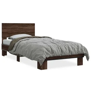 Bedframe bewerkt hout en metaal bruin eikenkleurig 75×190 cm Bedframe bewerkt hout en metaal bruin eikenkleurig 75×190 cm